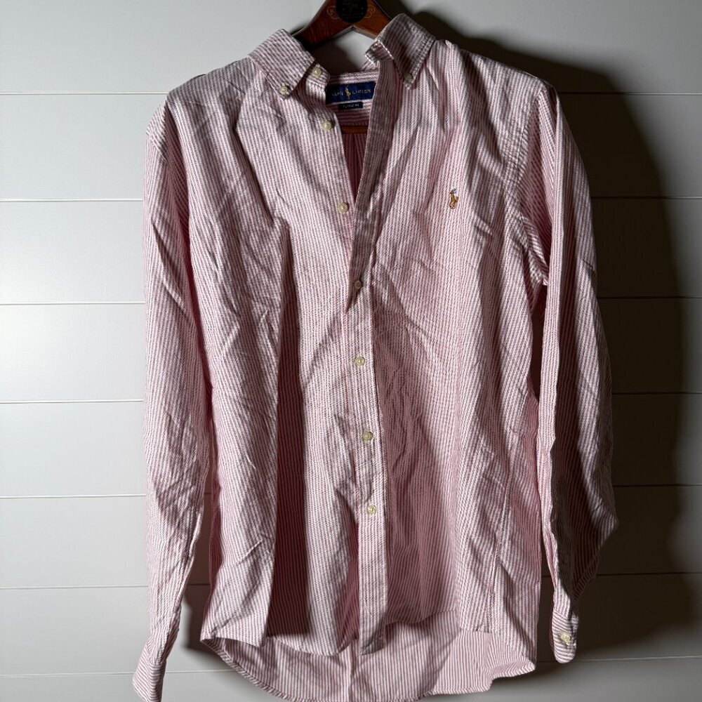 Ralph Lauren Long Sleeve Button Down Classic Fit Red & White Stripe Sz Large